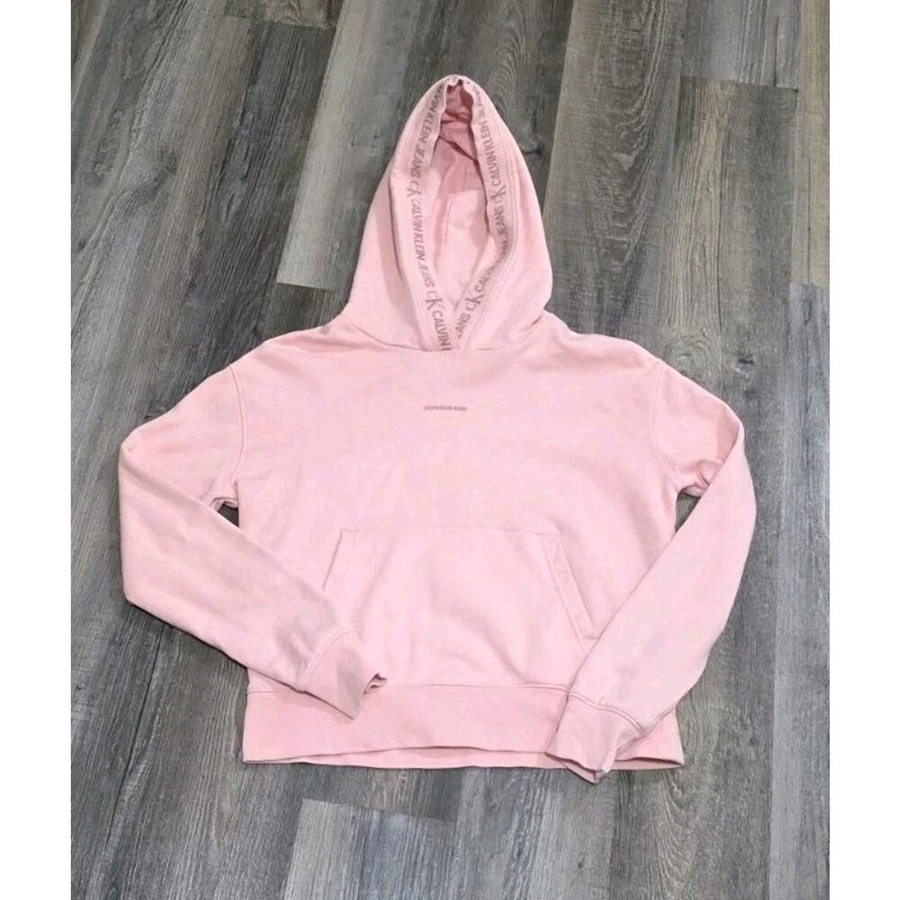 Calvin Klein Women's Pink Sweet Capuche Femme Crop Hoodie Medium Logo Sweatshirt